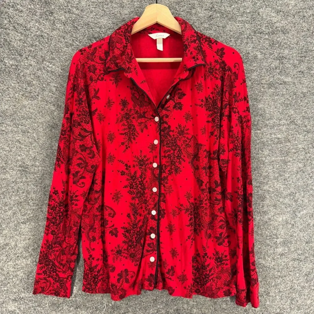 Soma Sleepshirt Women L Large Red Floral Button Up Collared Long Sleeve Rayon